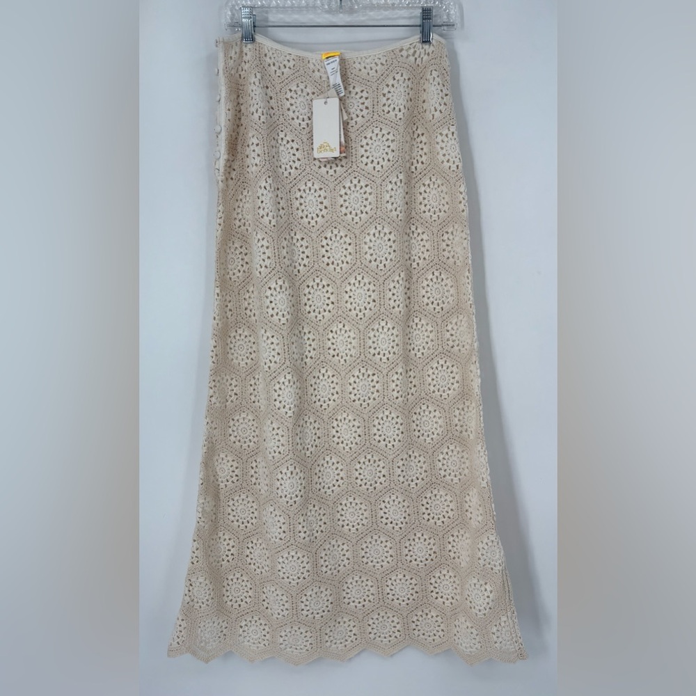 Agua Bendita Tove Seed Crochet Cover Up Maxi Skirt Cream Sz L - Picture 2 of 8